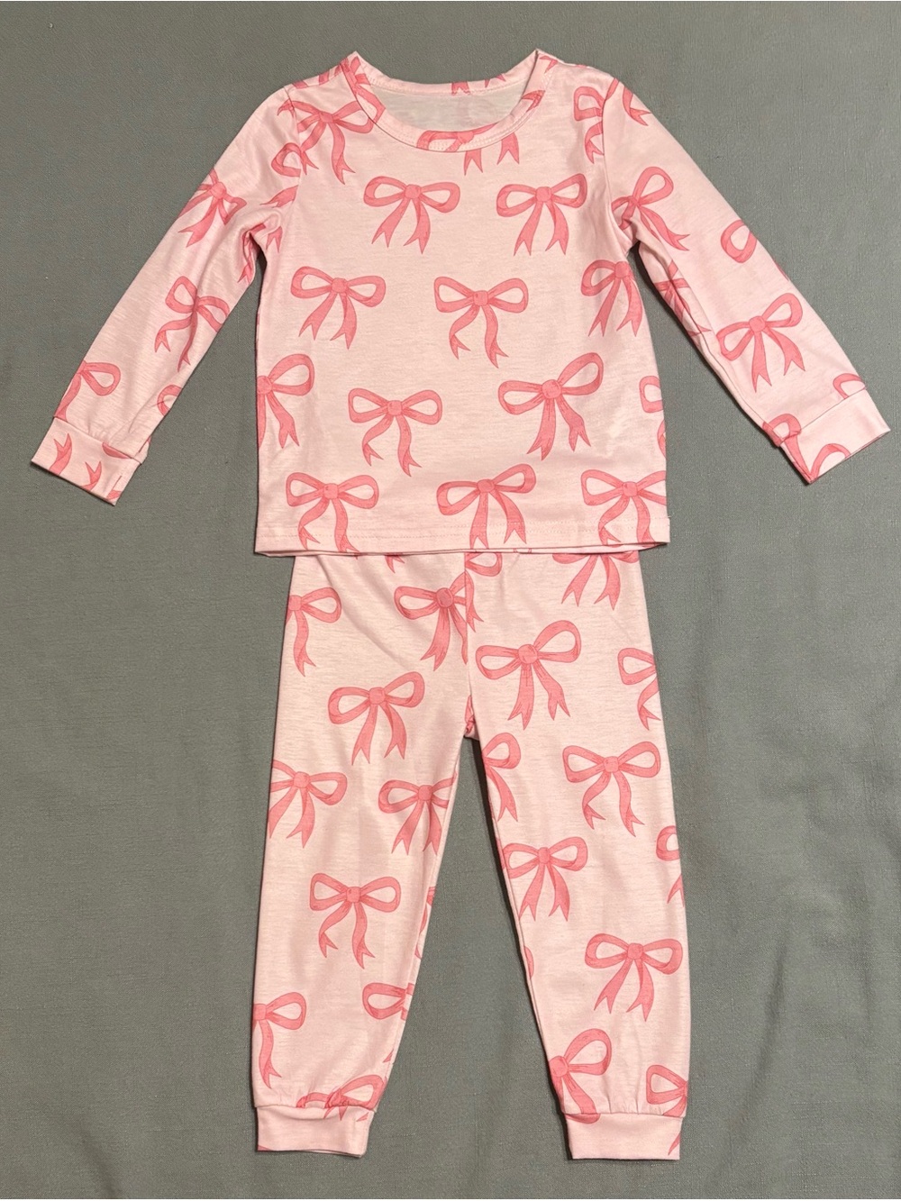 Girls Light Pink Bow-Print Long Sleeve Pajama Set